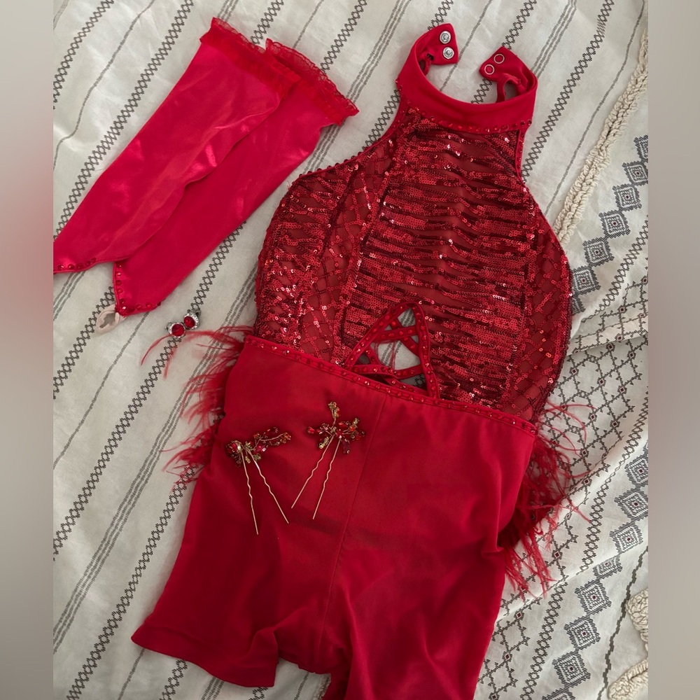 Red Sequin Halter Dance Costume with Gloves and Accessories